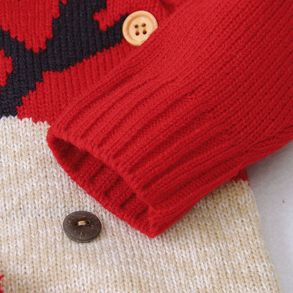 Baby Cartton Pattern Contrast Design Side Button Christmas Knitted